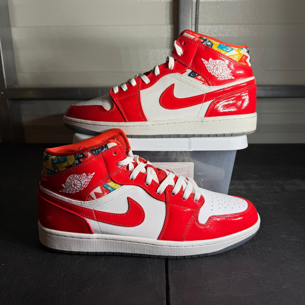 Size 12 - AJ 1 Mid Barcelona Sweater Red Patent nb