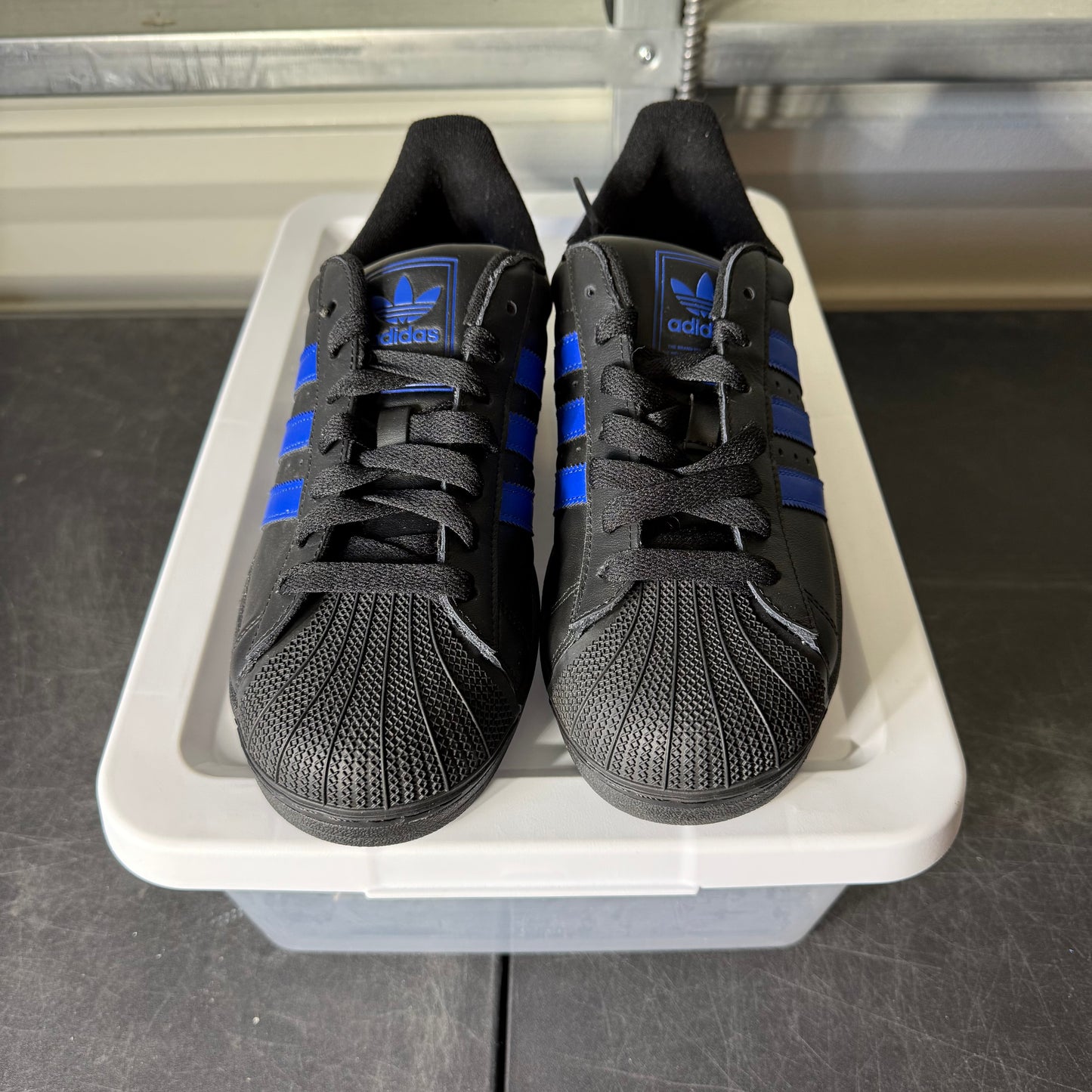 Size 9.5 - Adidas Superstar Black Blue