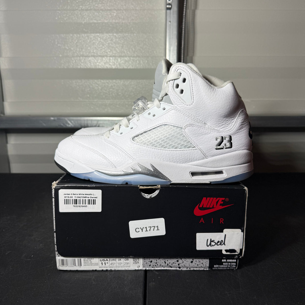 Size 11.5 -  AJ 5 White Metallic