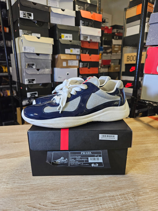 Size 8 - Prada America Cup Patent Leather White Navy Blue 4E3400