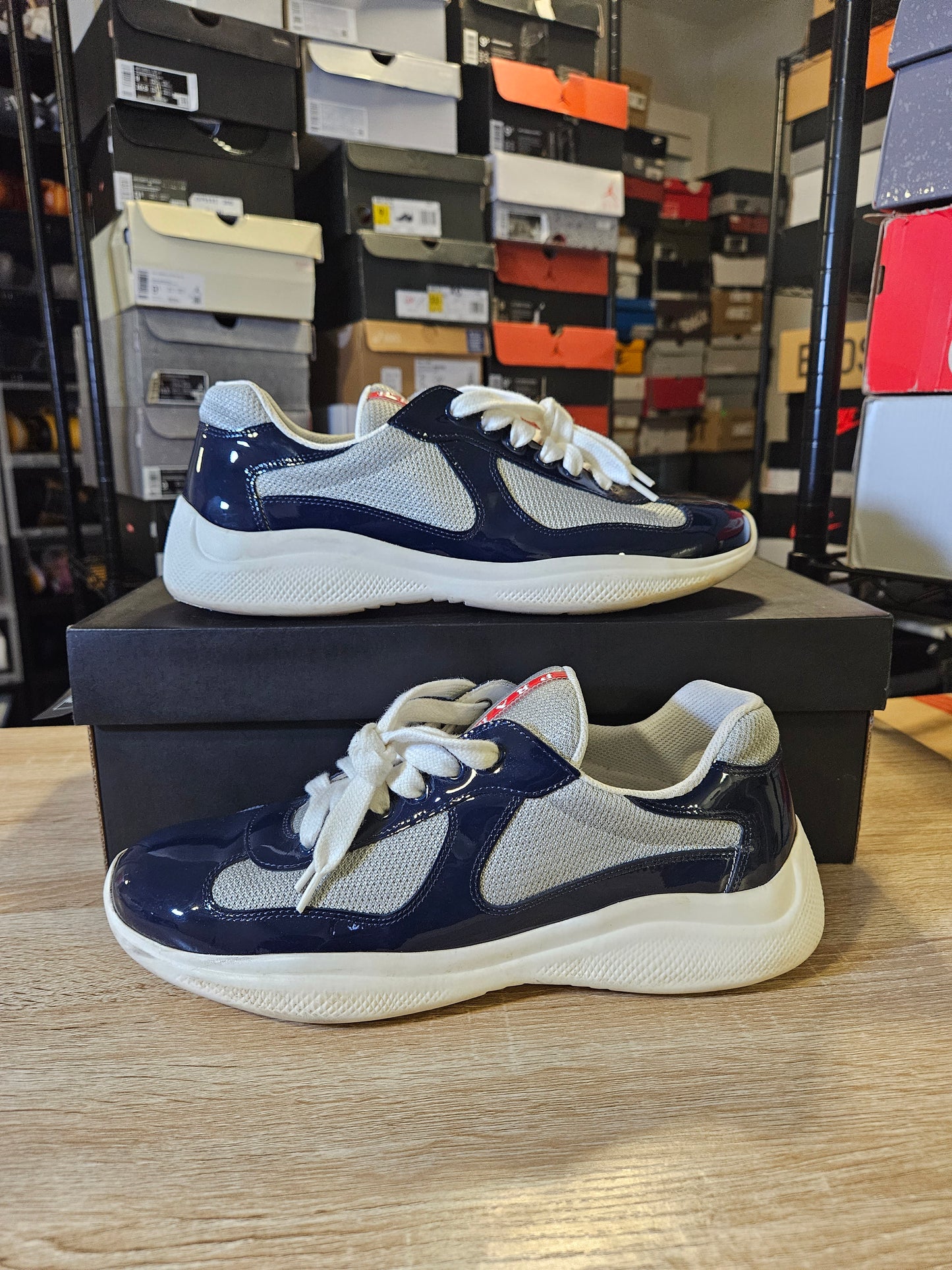 Size 8 - Prada America Cup Patent Leather White Navy Blue 4E3400