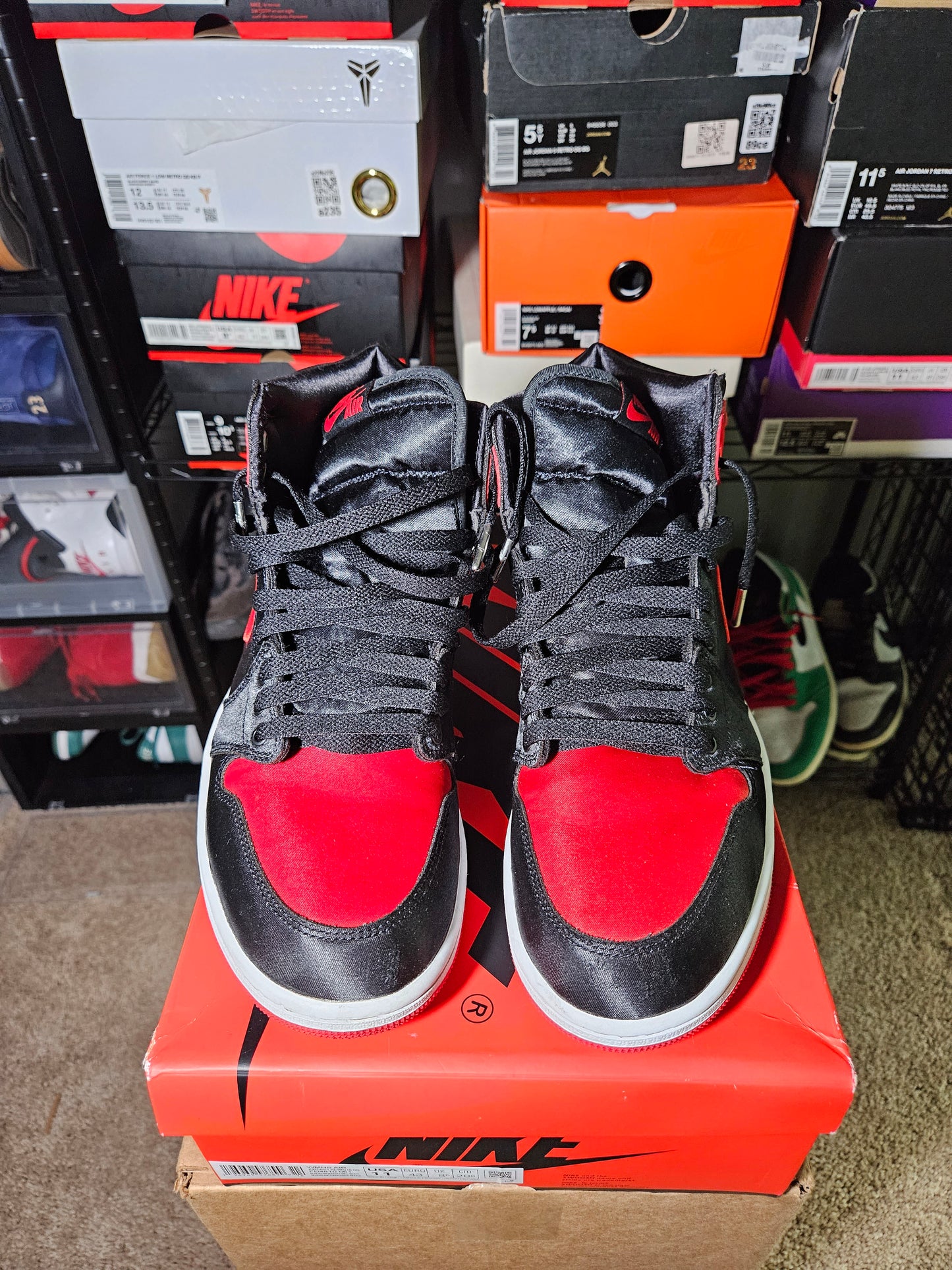 size 11W/9.5M - AJ 1 Satin Bred