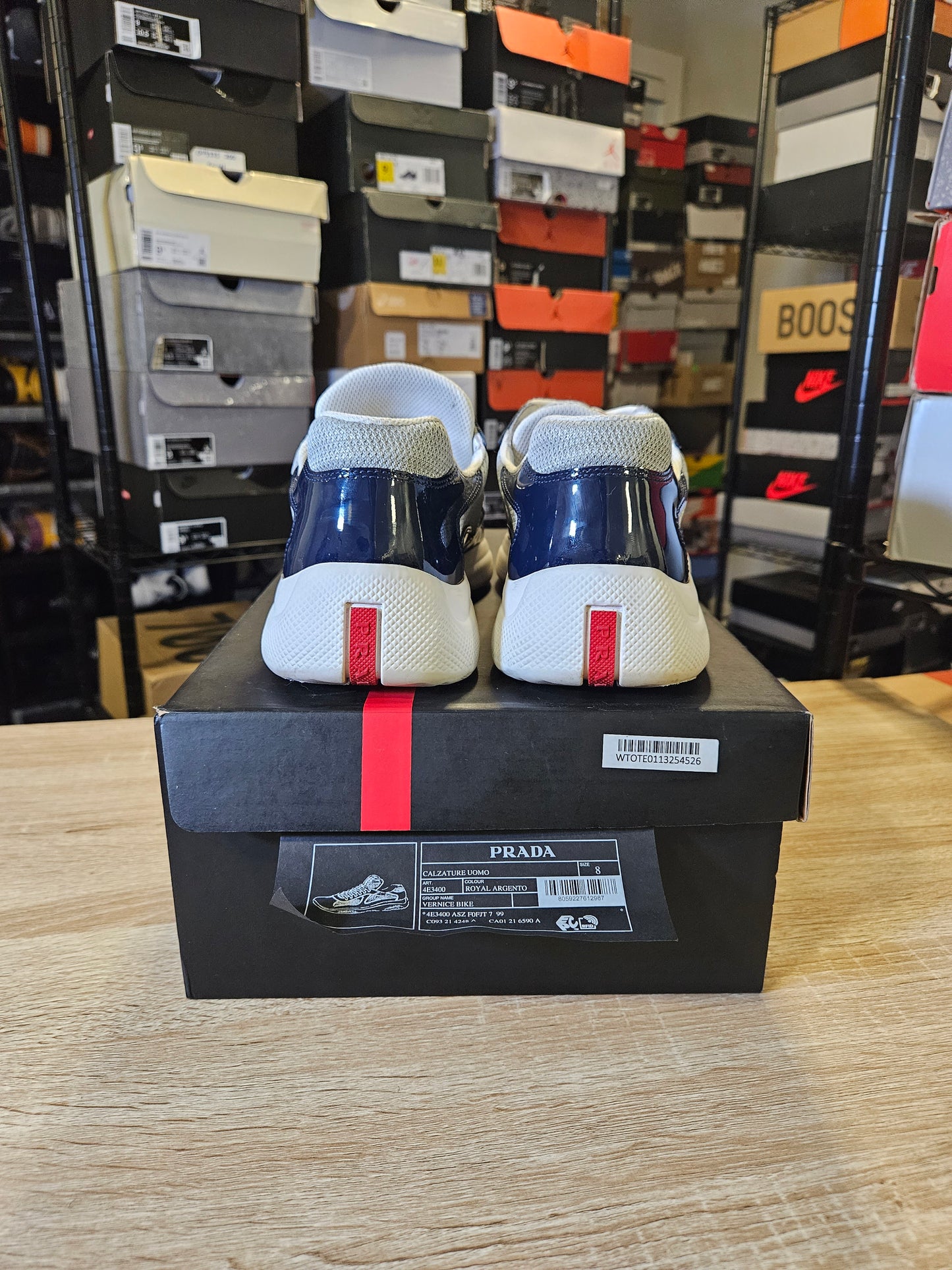 Size 8 - Prada America Cup Patent Leather White Navy Blue 4E3400