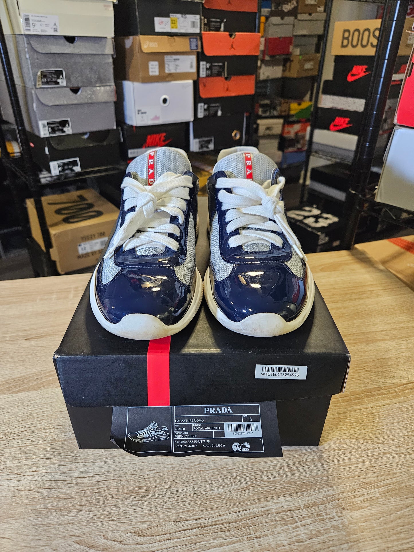 Size 8 - Prada America Cup Patent Leather White Navy Blue 4E3400