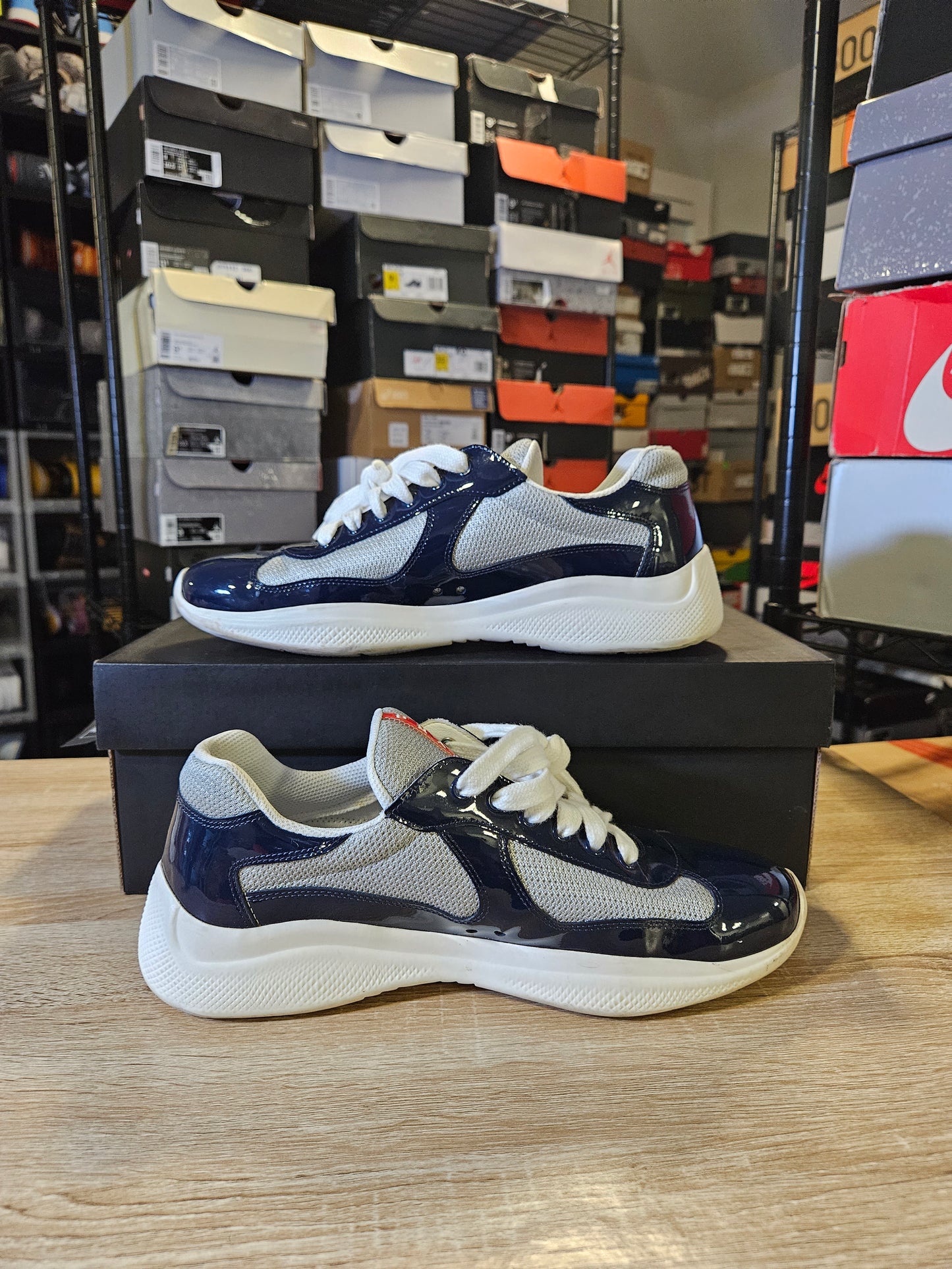 Size 8 - Prada America Cup Patent Leather White Navy Blue 4E3400